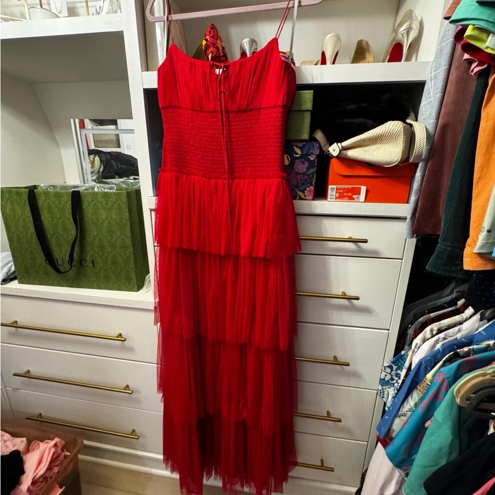 Monique Lhuillier Red Tiered Tulle One-Shoulder Maxi Dress